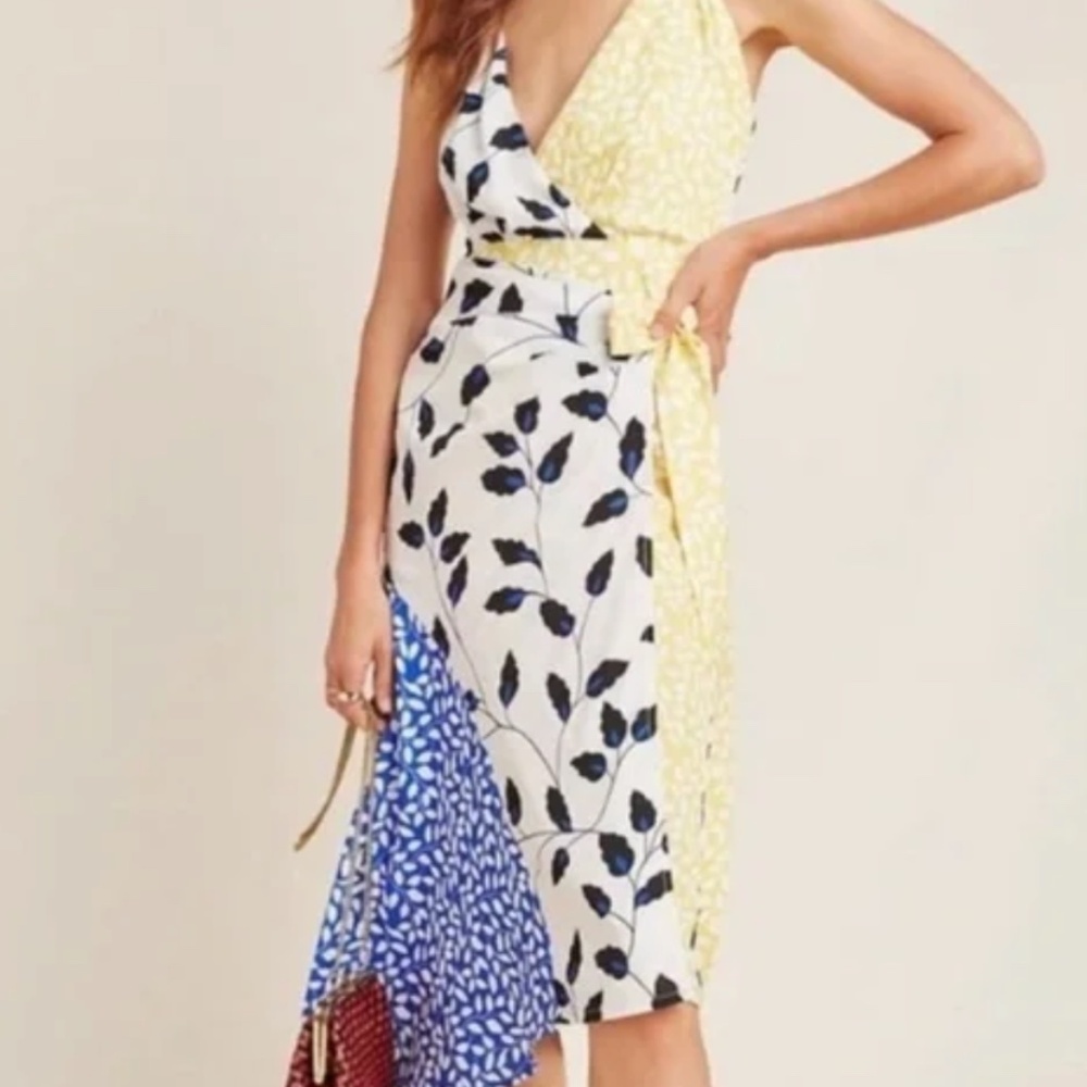 NWT - Floral Wrap Dress in Blue, Yellow, and Black